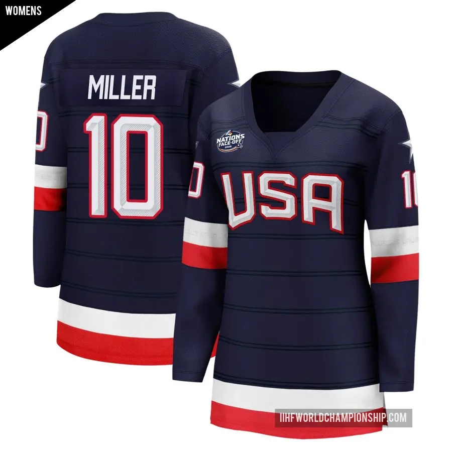 Women's Team USA ＃10 J.T. Miller Navy Breakaway 2025 4 Nations Face-Off Jersey