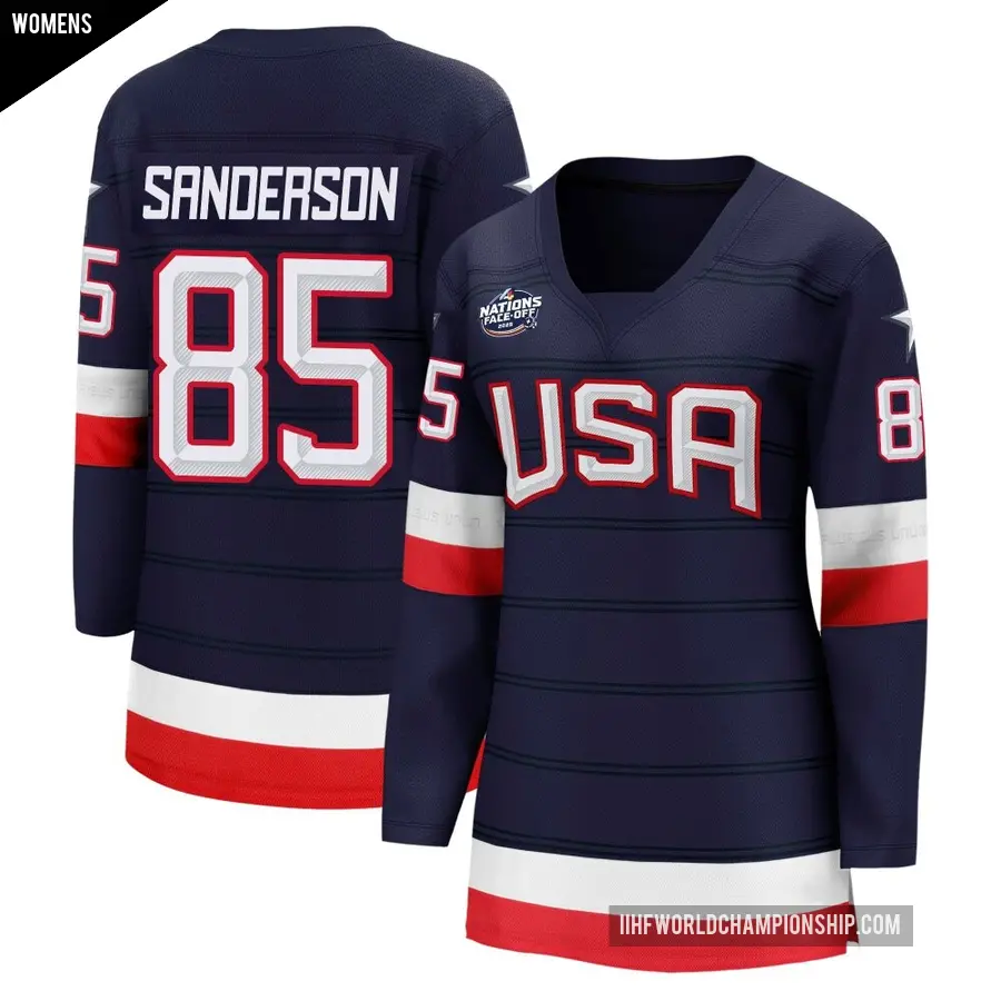 Women's Team USA ＃85 Jake Sanderson Navy Breakaway 2025 4 Nations Face-Off Jersey