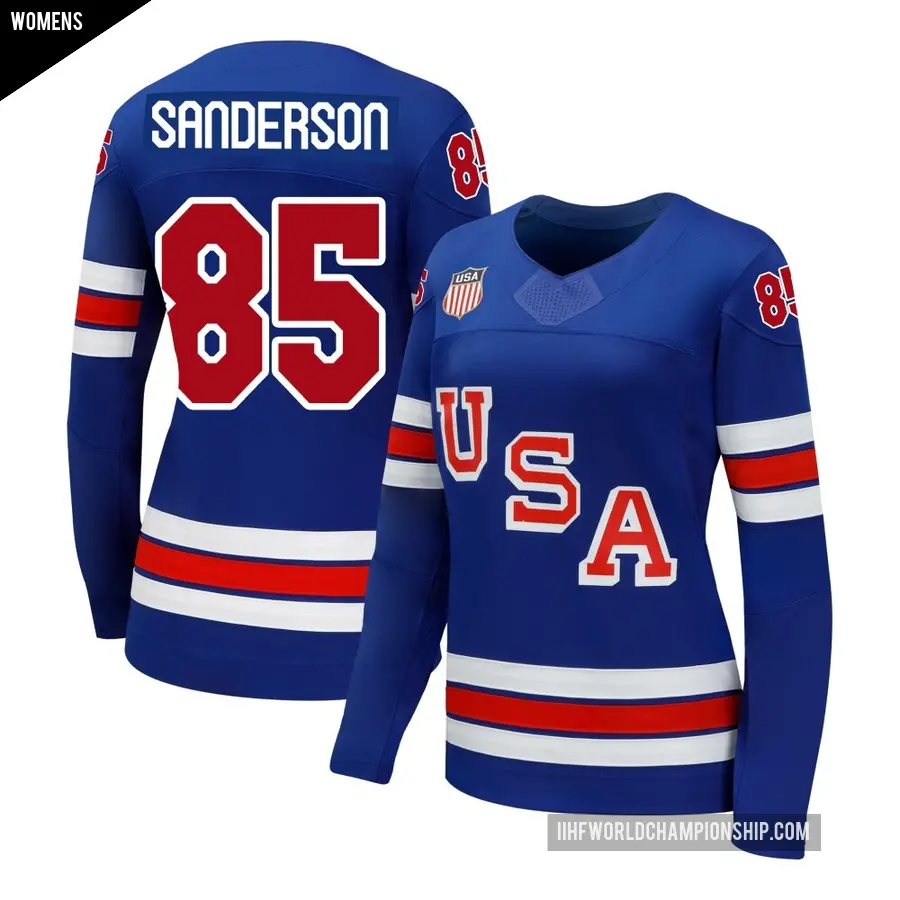 Women's Team USA ＃85 Jake Sanderson Royal Premium Hockey 2026 Olympic Home Jersey