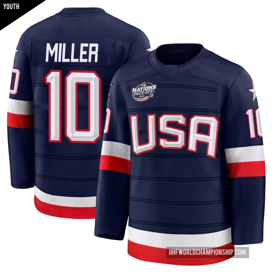 Youth Team USA ＃10 J.T. Miller Navy Premium 2025 4 Nations Face-Off Jersey