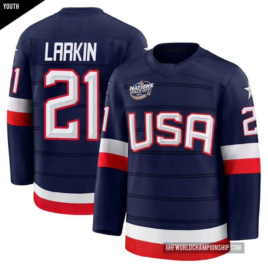 Youth Team USA ＃21 Dylan Larkin Navy Premium 2025 4 Nations Face-Off Jersey