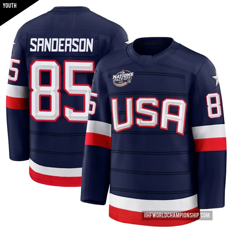 Youth Team USA ＃85 Jake Sanderson Navy Premium 2025 4 Nations Face-Off Jersey