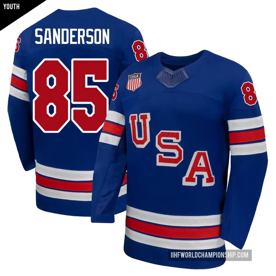 Youth Team USA ＃85 Jake Sanderson Royal Premium Hockey 2026 Olympic Home Jersey