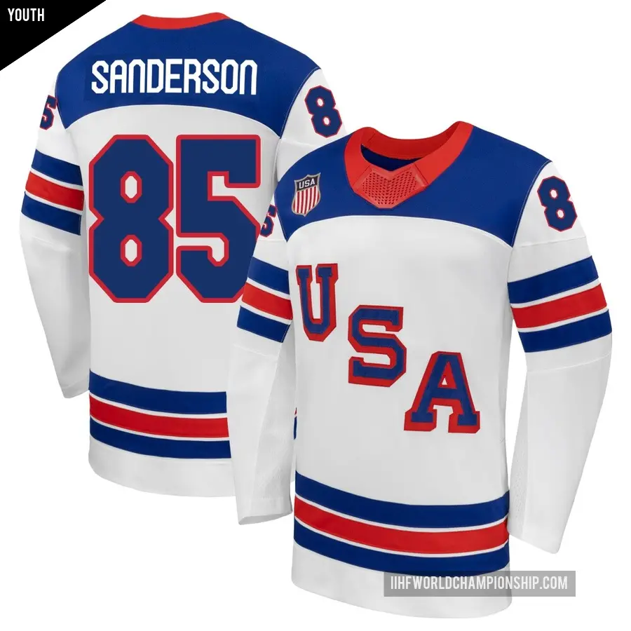 Youth Team USA ＃85 Jake Sanderson White Premium Hockey 2026 Olympic Away Jersey